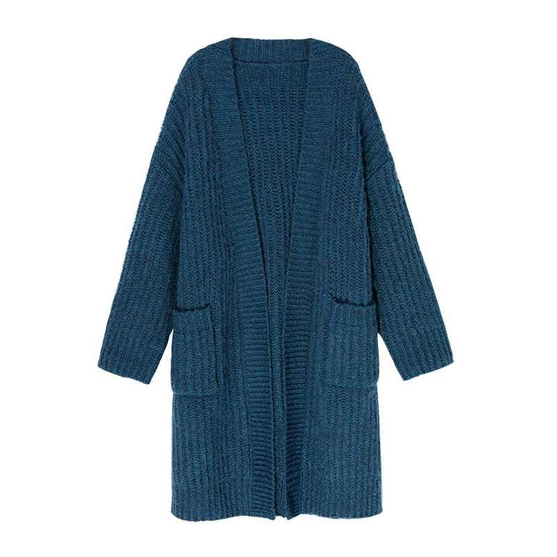 

LY VAREY LIN New Autumn Winter Women Casual Loose Big Pockets Long Cardigan Office Lady Solid Color Thick Warm Sweater Coat