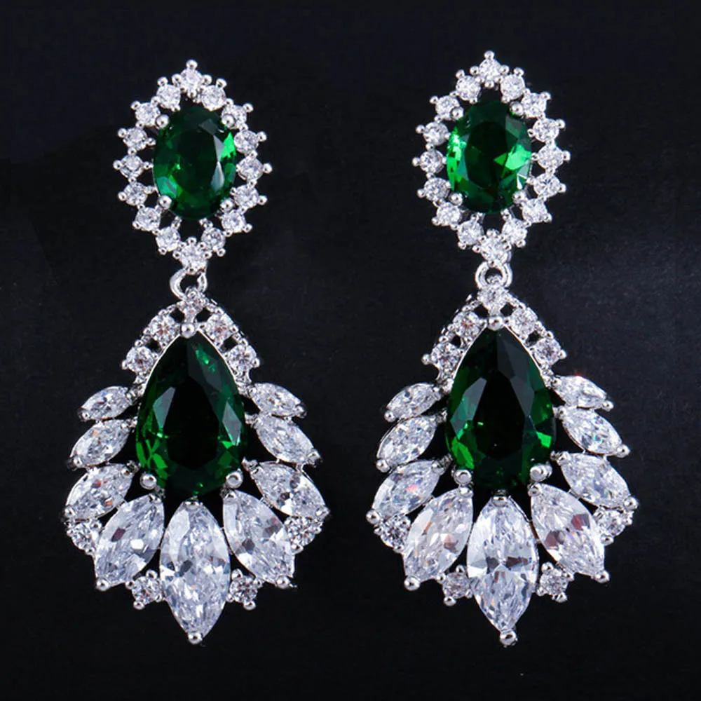Emerald green ThreeGraces Винтаж свадебные серьги Большой Люстра кубического циркония Проложить глубокий красный камень Для женщин длинные серьги для свадьбы ER042 - Окраска металла: Emerald green
