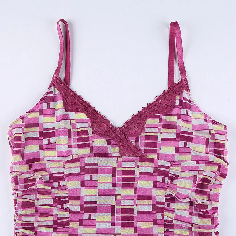 

Print Mesh Tank Tops Club Women Summer Lace Trim Sleeveless Crop Top Streetwear Sexy V Neck Slim Camis