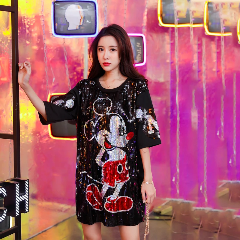 

Disney Women Mickey Mini Dresses Short Sleeve Sequin Party Club Dress Casual Loose Fashion Streetwear Summer Dress Mujer