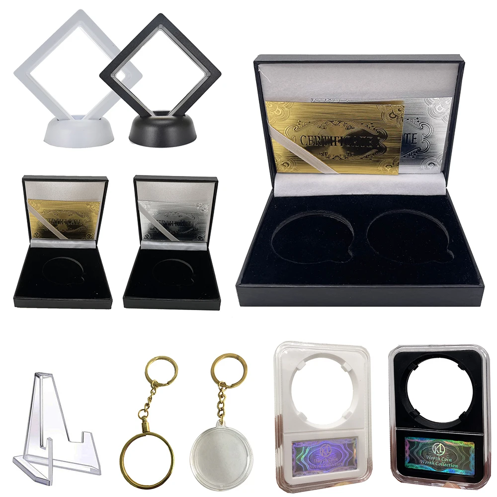 Coin Stander Holder Coin Case Black Pu Square Box Souvenir Badage Display Frame Coin Keychain For Collection Gift