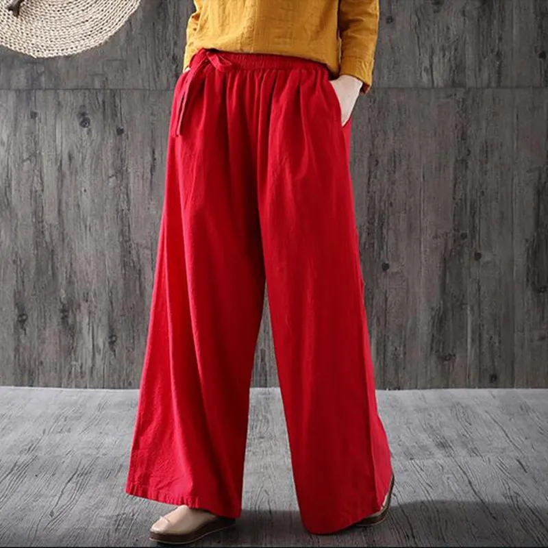 

Women Summer Long Pants New Fashion Solid Cotton Linen Casual Loose Wide Leg Pants Autumn Streetwear Straight Trousers -