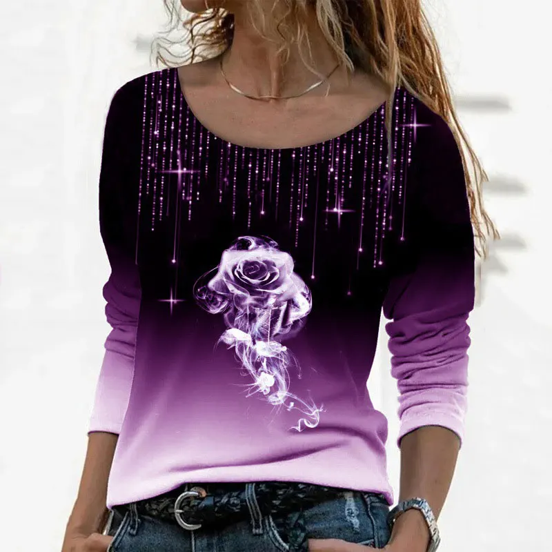 

Autumn Winter Women's Long Sleeve T-shirt 2021 O Neck Print Tee Shirt Rose Graphic T Shirts Loose Pulovers Ladies Plus Size Tops