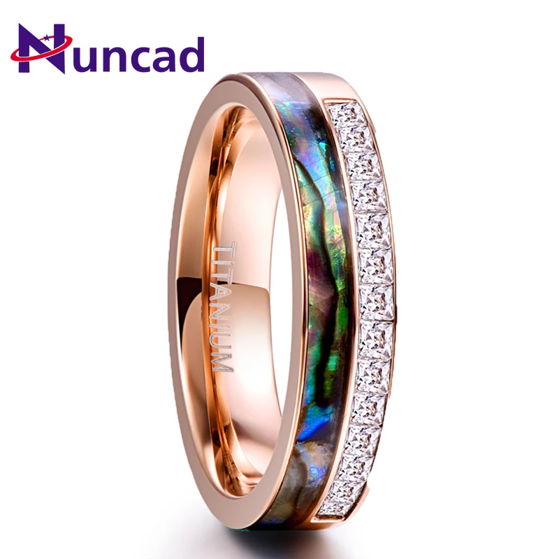 

Nuncad 6MM Rose Gold Crystal Stainless Steel Ring for Men Women Natual Shell Square CZ Stone Ring Wedding Jewelry Gift Full Size