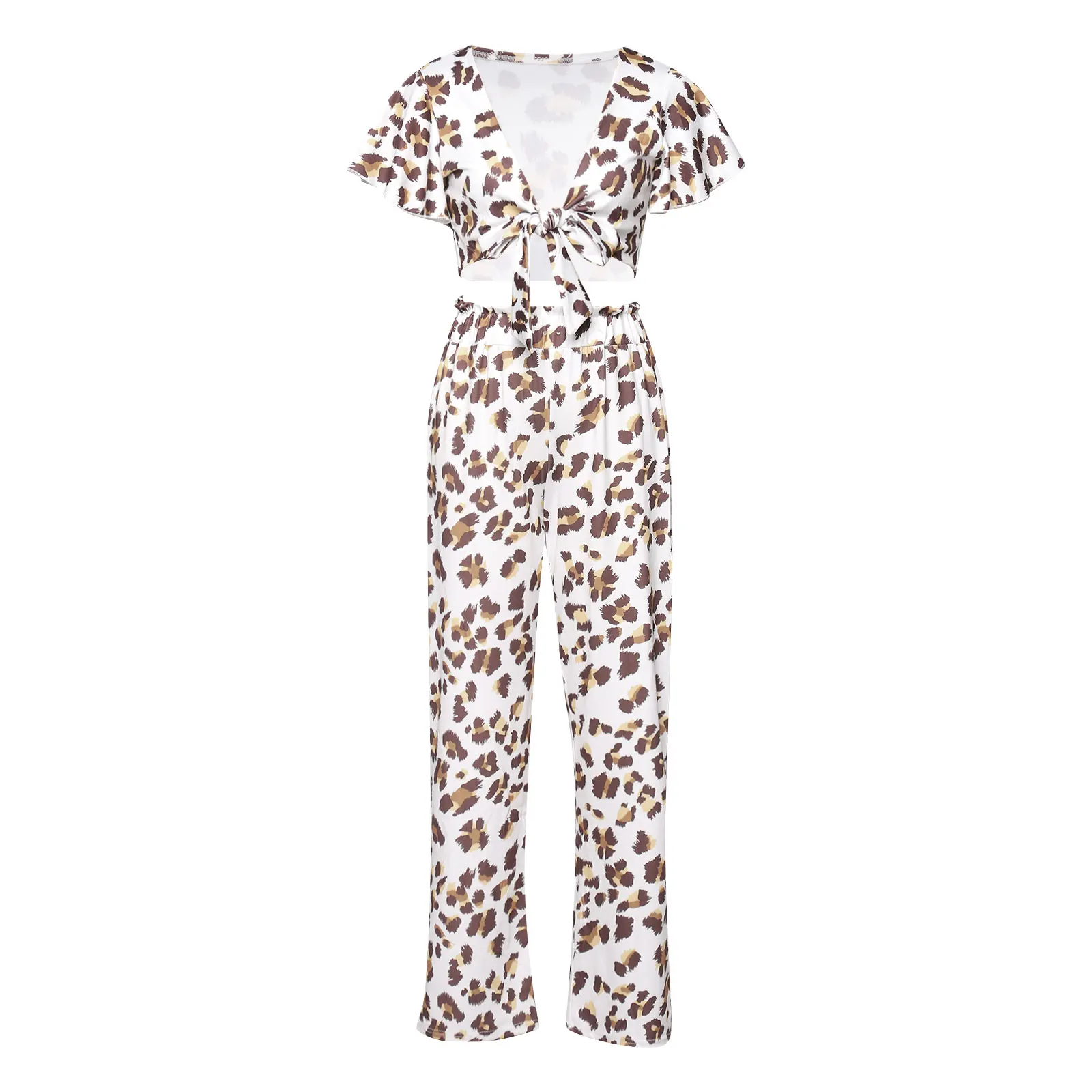 

Women\u2019s Short Sleeve Trousers Suit Fashion Printed V-neck Bandage T-shirt and High-waist Long Pants