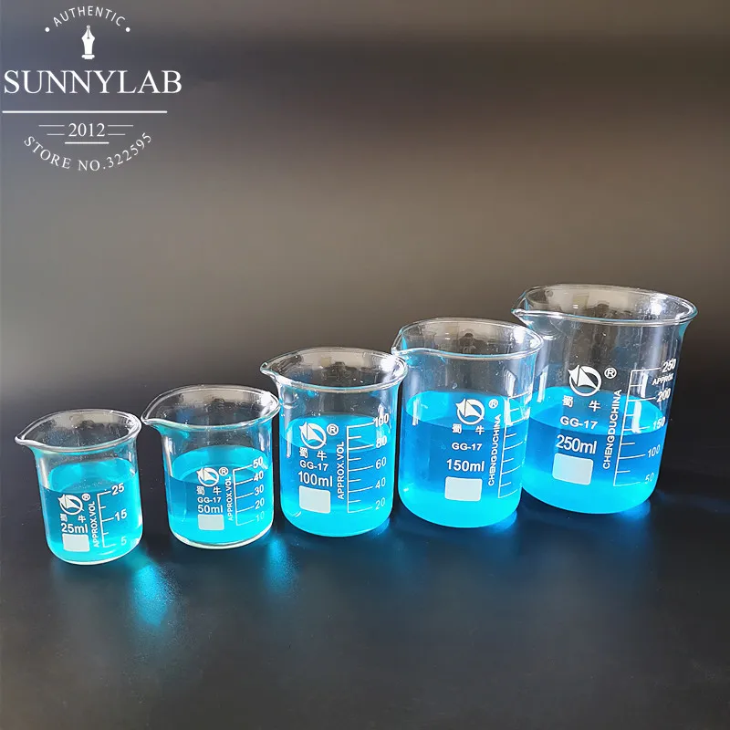 

5 шт./компл. 25 мл/50 мл/100 мл/150 мл/250 мл боросиликатных Стекло низкий стакан для химической лаборатории тяжелой стены