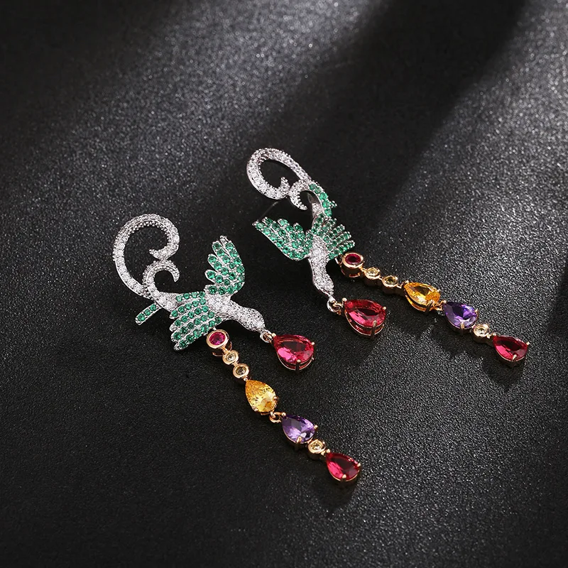 

European and American exaggerated zircon earrings, copper micro-inlaid phoenix earrings, women's long earrings accessories, fact