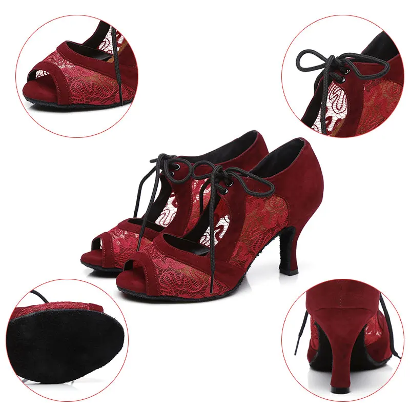 HROYL Ballroom Dance-Shoes For Women Girls Latin Dance Shoes Ladies Modern Tango Lace Dancing Shoes Practice Salsa Sandals