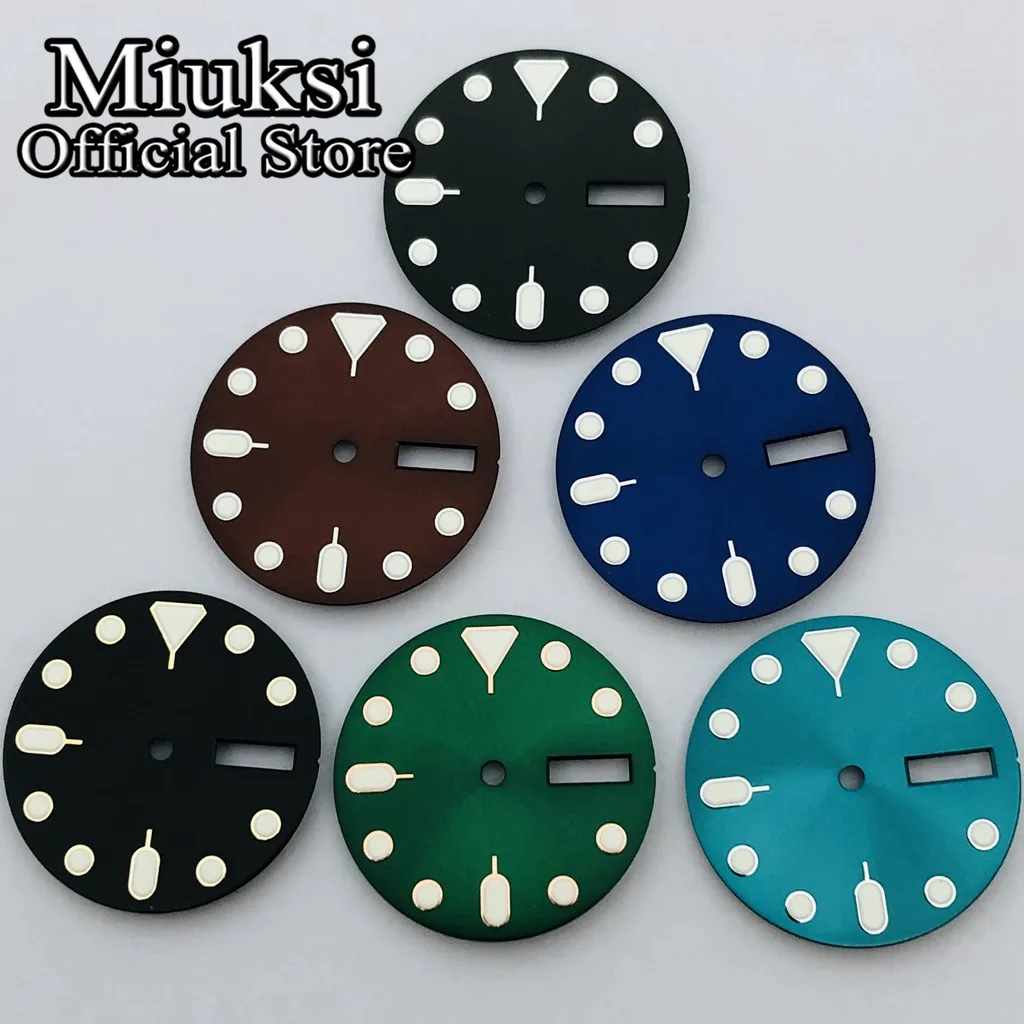 Miuksi 28.5mm black blue green brown watch dial C3 luminous dial fit NH36 movement fit 3 o'clock crown 3.8 o'clock crown
