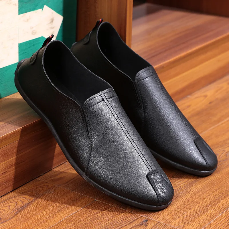 Мужские кожаные туфли повседневные лоферы на плоской резиновой подошве