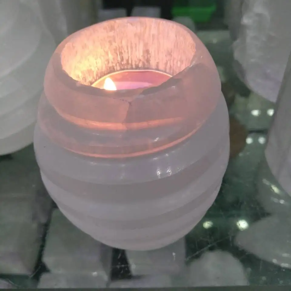 

CHARGED Selenite Crystal Candle Holder Round HANDMADE Mediation Protection Heal
