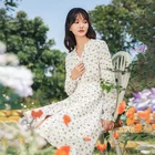 Женское платье с цветочным принтом, V-образным вырезом и длинным рукавом