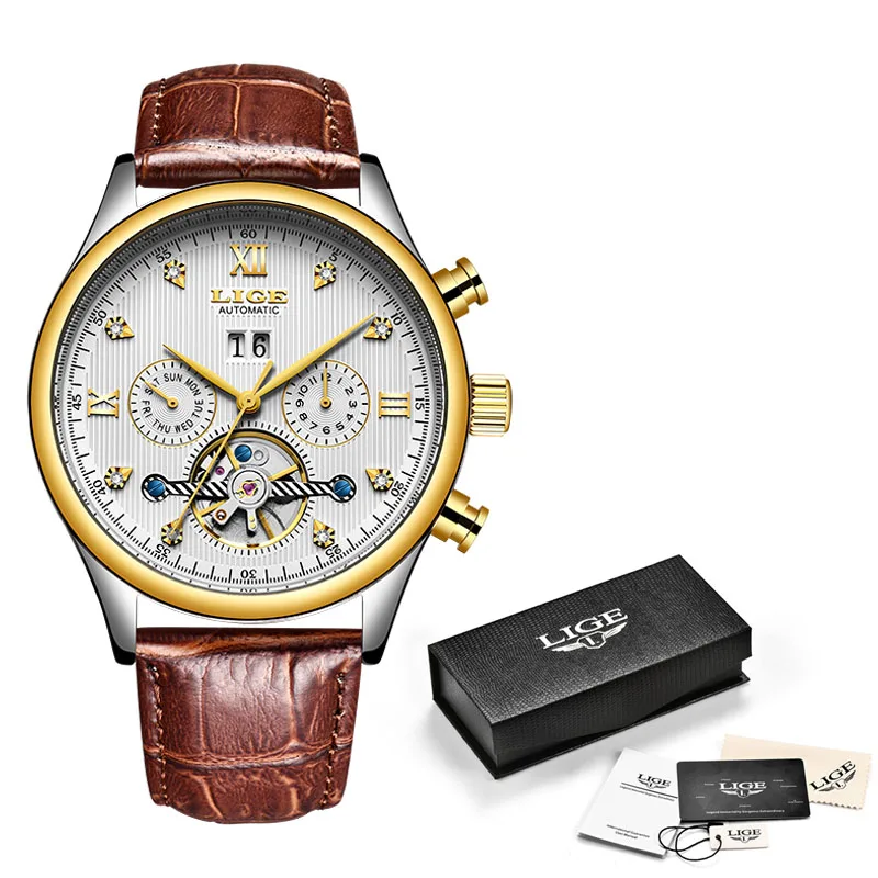 L Rose gold white LIGE новые мужские часы Топ бренд Роскошные автоматические/механические/роскошные часы мужские спортивные наручные часы Мужские часы reloj hombre tourbillon - Цвет: L Rose gold white