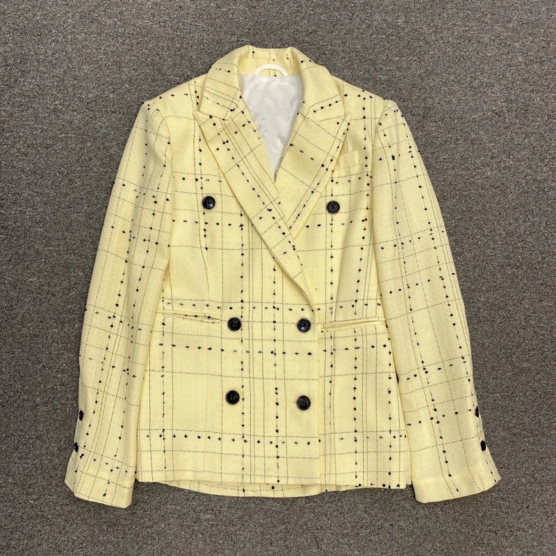 

High Quality Women Spring Autumn Vintage Elegant Double-Breasted Check Wool Cotton Blazer Jacket Coat