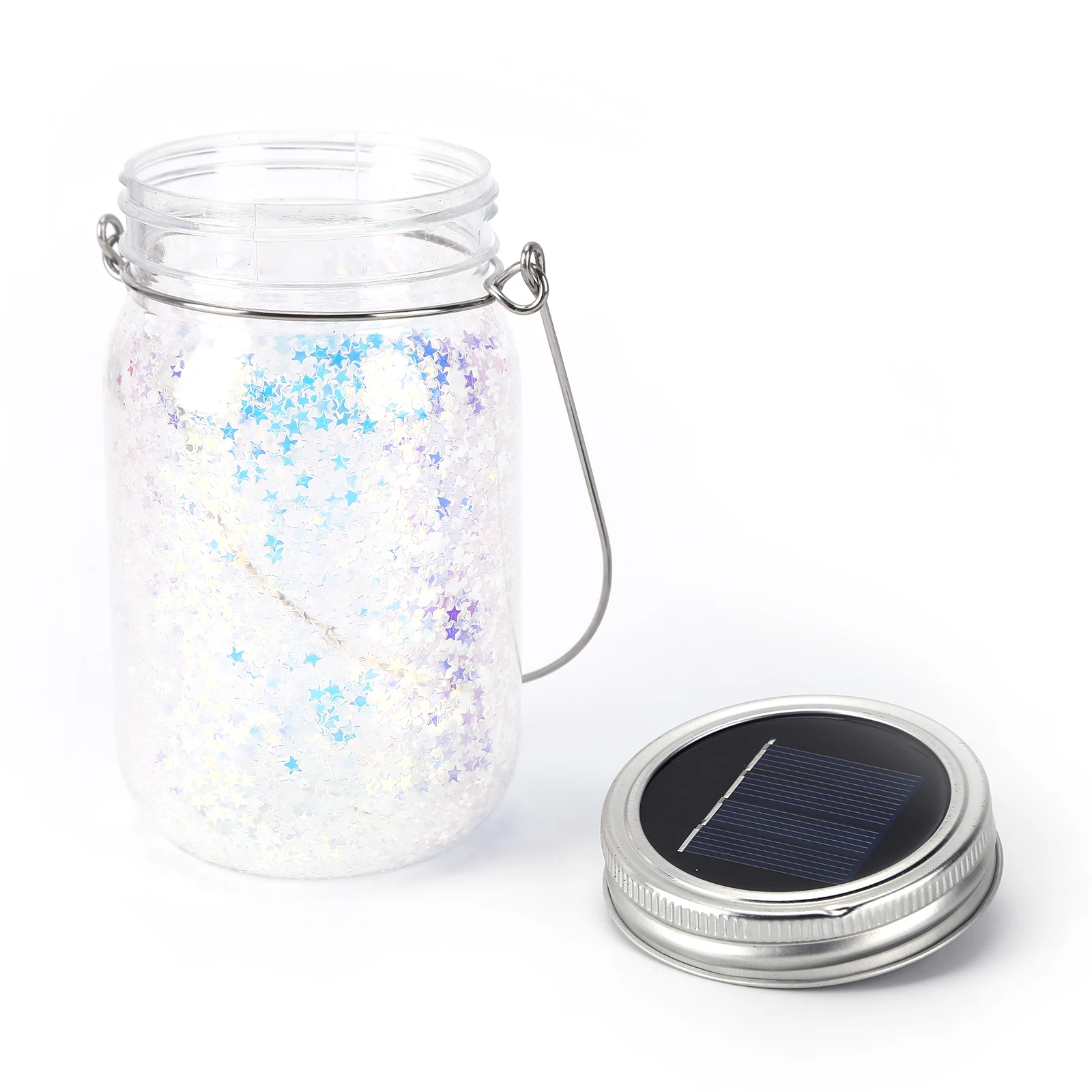 

Solar Mason Jar Lights 20 Led Lantern Lights Star Snowflake pattern for Outdoor Patio Garden Yard and Lawn Decoration Waterproof