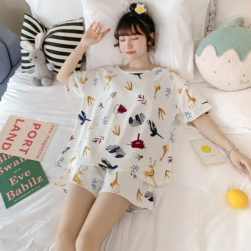 Women Pajama Set Ladies Pajamas Women Summer Pure Cotton Short-sleeved Clear Two-piece Girl Cute Home Service Set Pajama Shorts