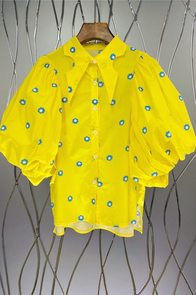 

2021 Summer Korean New Retro Style Fashionable Women Blusas Ladies Floral Lantern Sleeve Loose Shirt Fashion Fresh Button Up Top