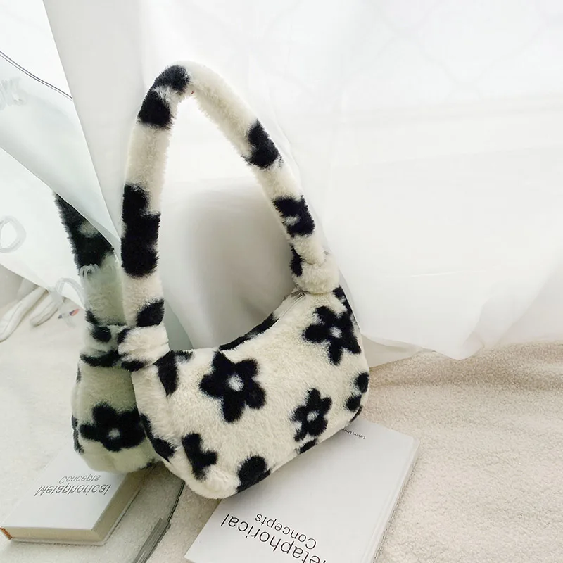 

Women Shoulder Bags Vintage Female Flower Printing Shoulder Bags Women Leisure Winter Plush Fashionable Handbags