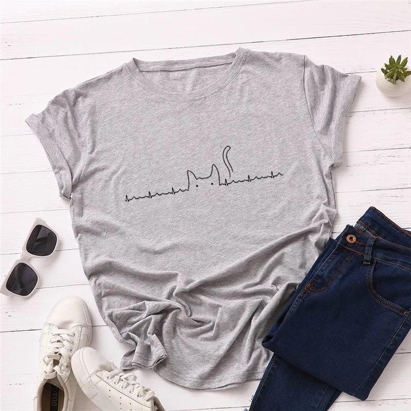 

2021 Summer T-Shirt Plus Size Tshirts Lovely Cat Print T Shirt Women O Neck Short Sleeve Tops Casual Women Shirts