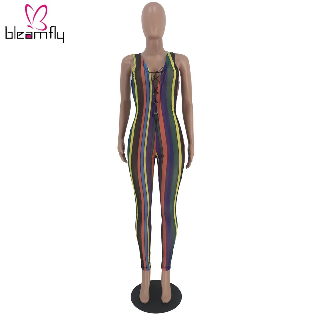 Женский Летний комбинезон в радужную полоску со шнуровкой и v образным вырезом