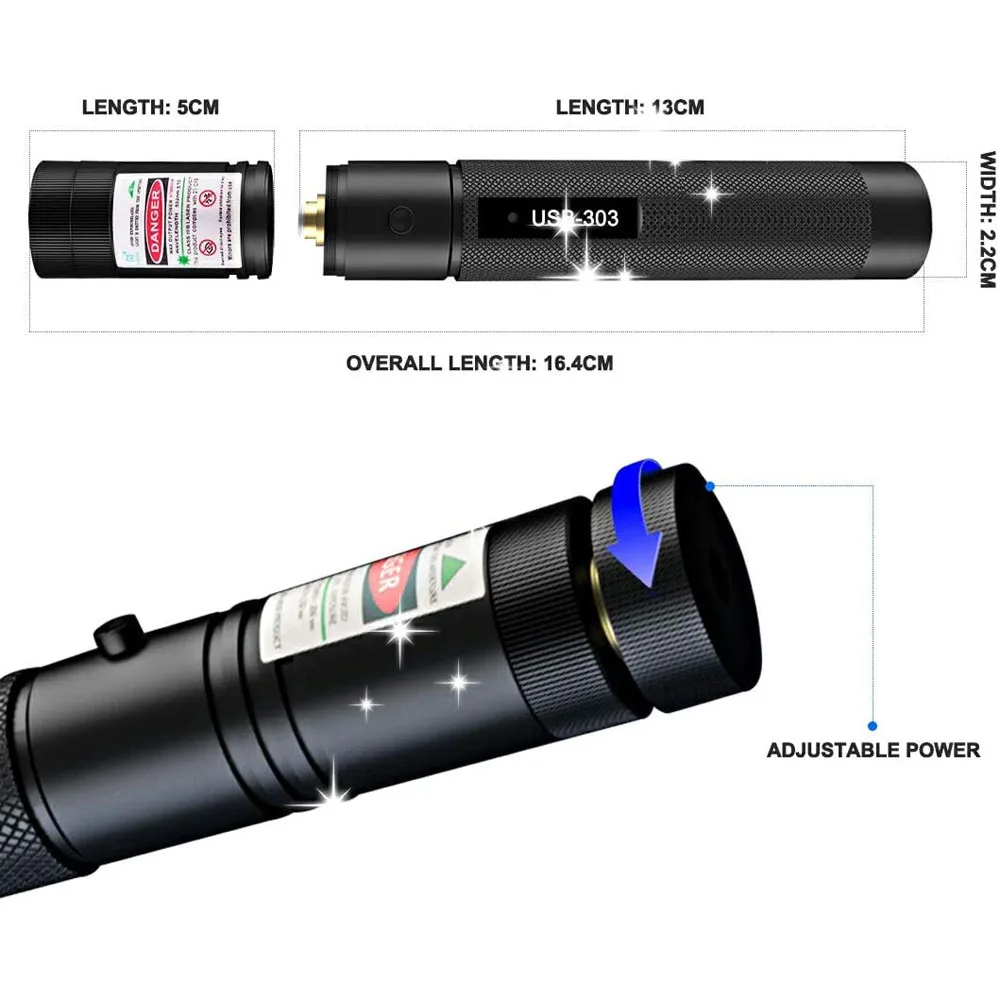 Зеленая/красная/фиолетовая лазерная указка высокой мощности 532 нм USB303 ручной