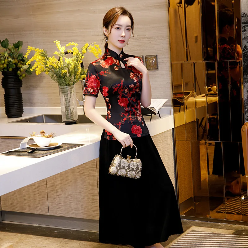 

Large Size 3XL 4XL Flower Print Cheongsams Shirt Women Satin Qipao Top Sexy Chinese Bridal Wedding Blouse Summer New Vestidos