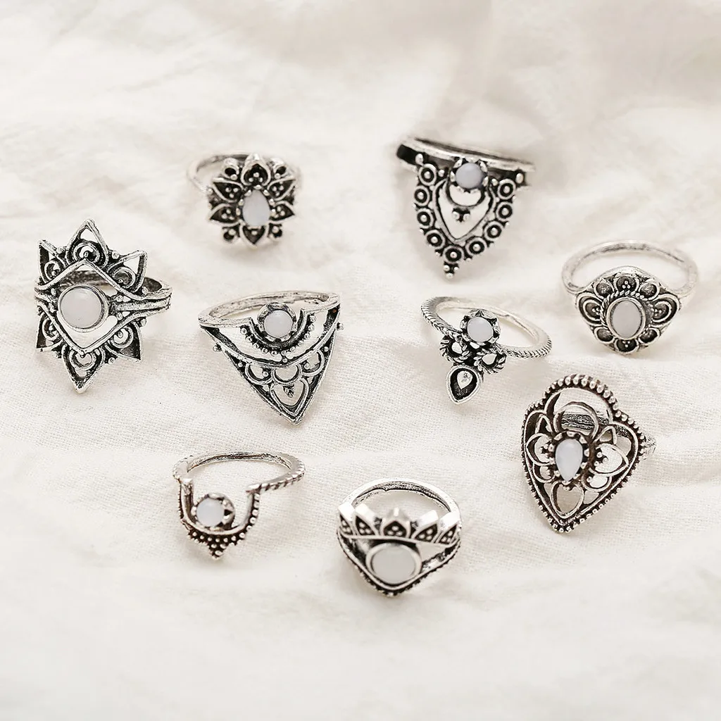 9 шт./компл. Для женщин богемные Винтаж Серебряная стопка кольца костяшки набор