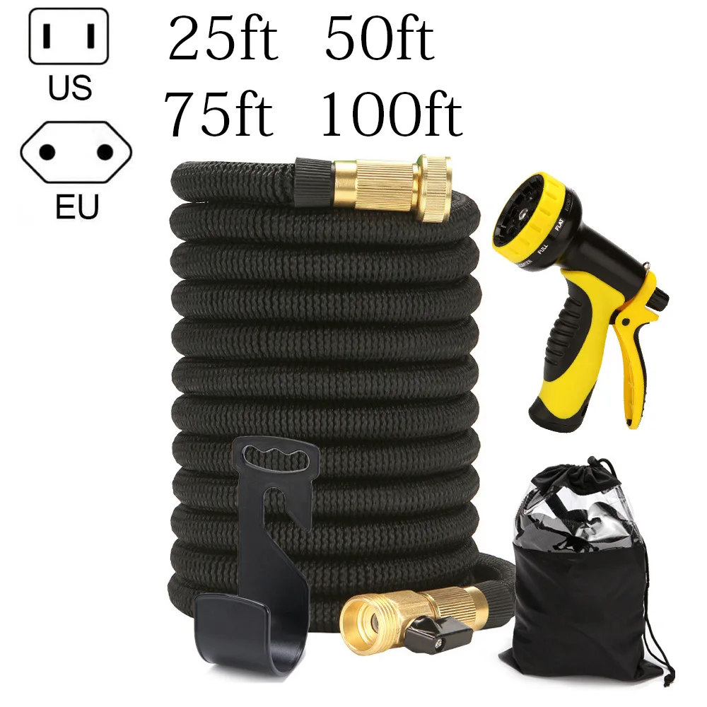 

25Ft-100Ft US/EU Plug Garden Hose Expandable Magic Flexible Water Hose With Powerful Nozzle For Garden Watering Car Washing AA