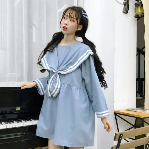 Японское женское милое мини платье Mori Girl матросский воротник черный синий