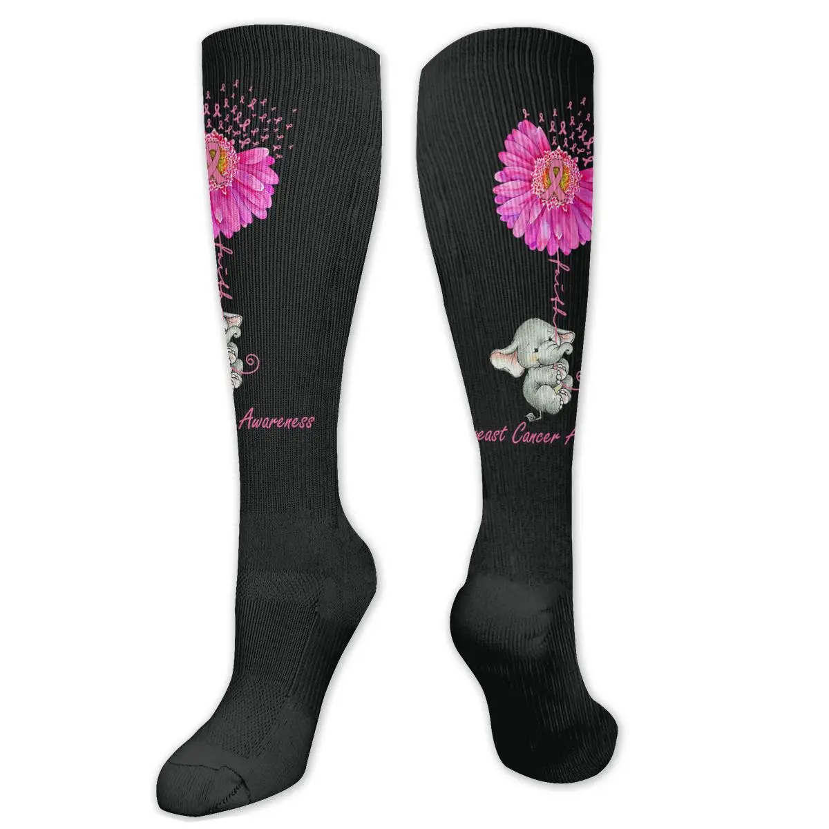 

Pink Sunflower Elephant Breast Cancer Awareness Compression Socks For Women Men Plus Size Wide Calf For Nurses Running Athletic