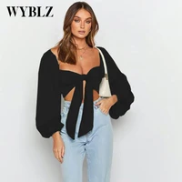 wyblz 2021 bandage sexy backless short top autumn women lantern sleeve chiffon shirt fashion wrapped streetwear outfits tshirts