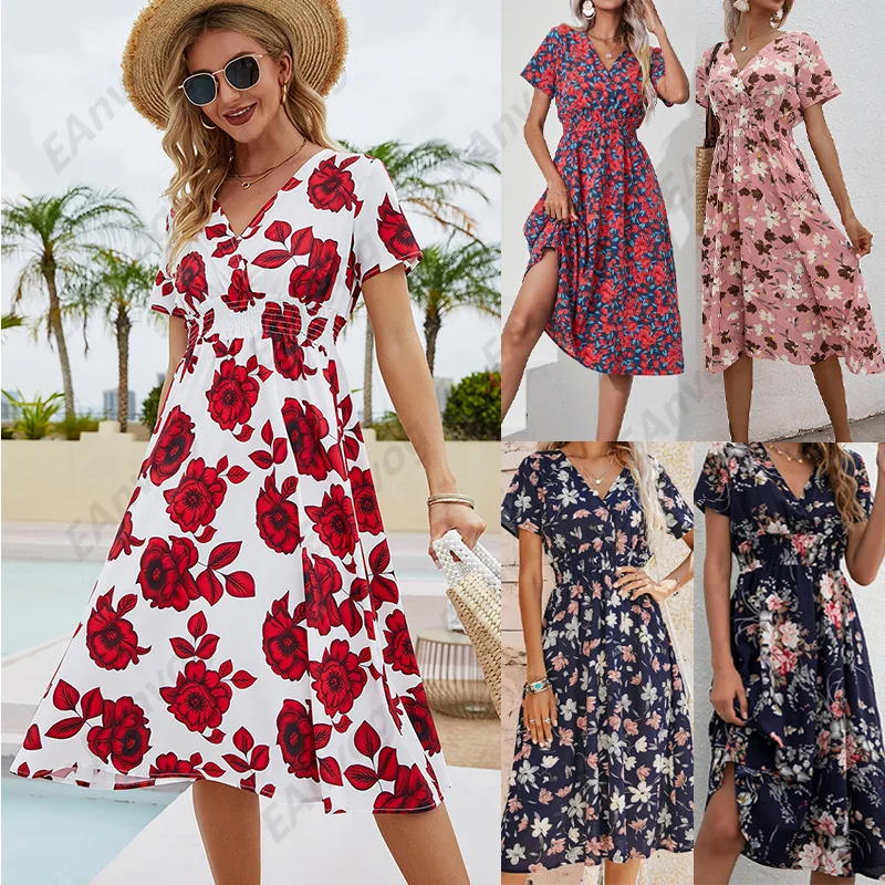

Women Summer Vintage Party Dress Lady France Style A-Line Floral Print Casual V-Neck Midi Dress Chiffon Beach Dresses Vestidos
