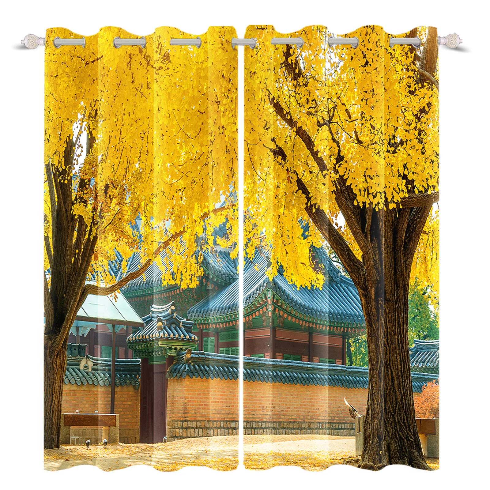 

Laeacco 3D Printing Yellow Forest Pattern Curtains Autumn Natural Scenery Cortinas Insulation Sunshade Treatment Drapes