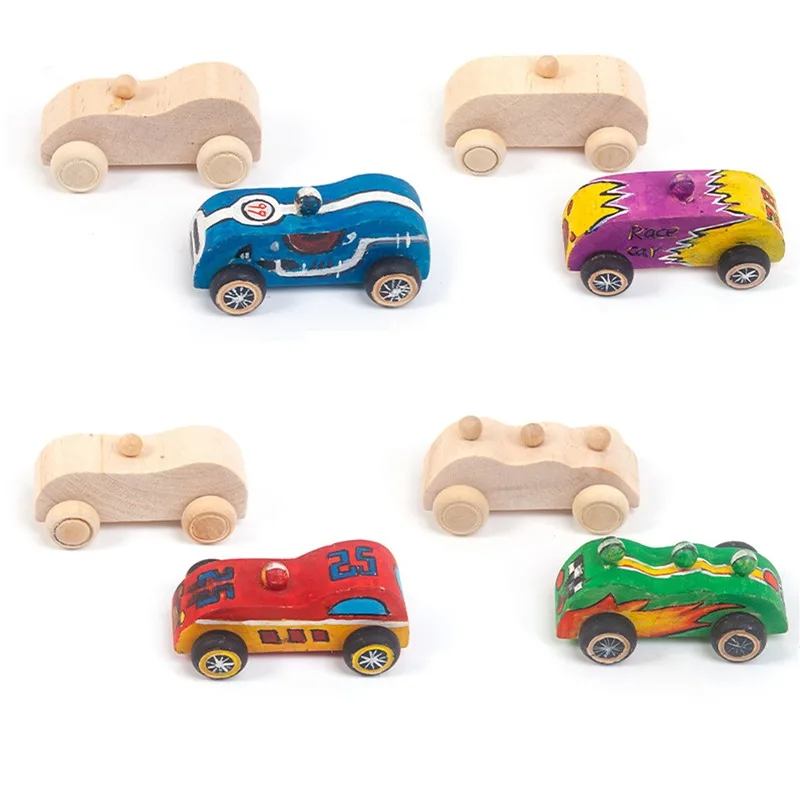 

6PCS Wood Graffiti Mini Cars DIY Drawing Toy Children Montessori Hands Ability Coloring Blocks for Kids Wooden Educational Toys