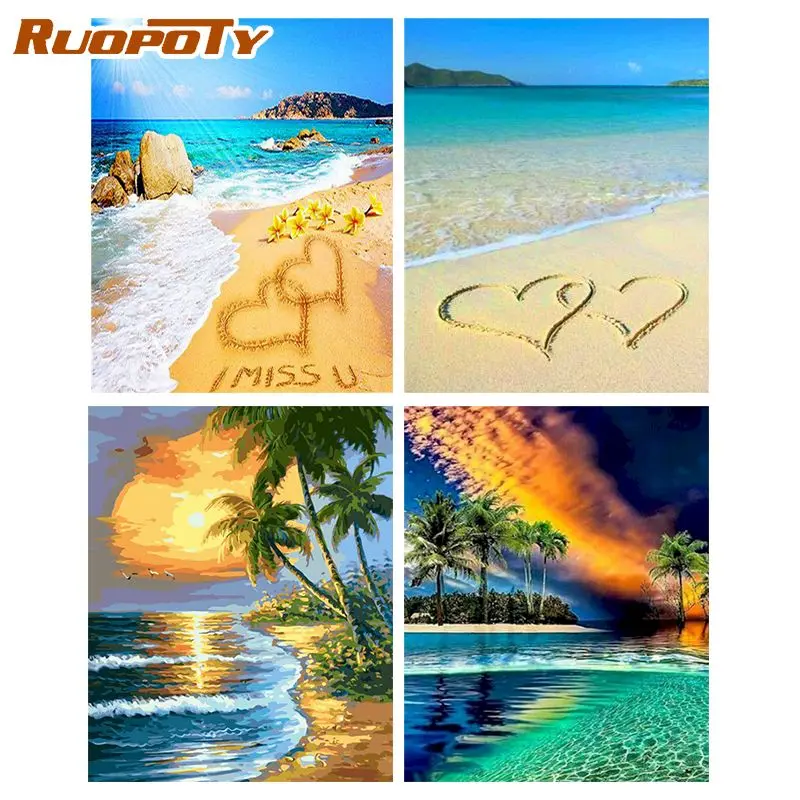

RUOPOTY Acylic Painting By Numbers Sandy beach Picture Colouring diy on canvas living room gift 40*50cm