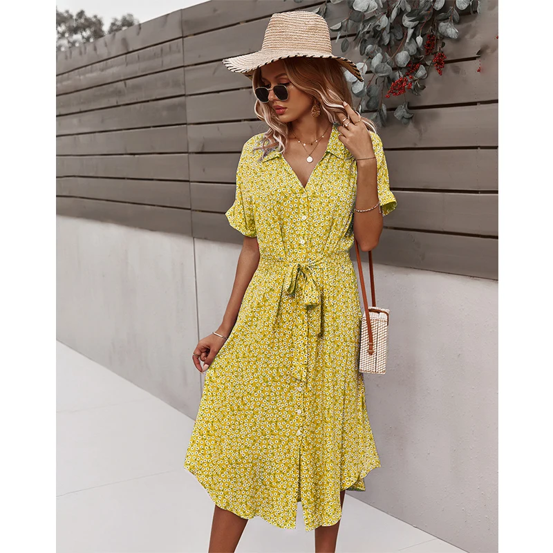 2022 Women Summer Dress Yellow Leisure Vacation Beach Long Dresses Casual Floral V-Neck Dress For Women Robe Femme Clothing