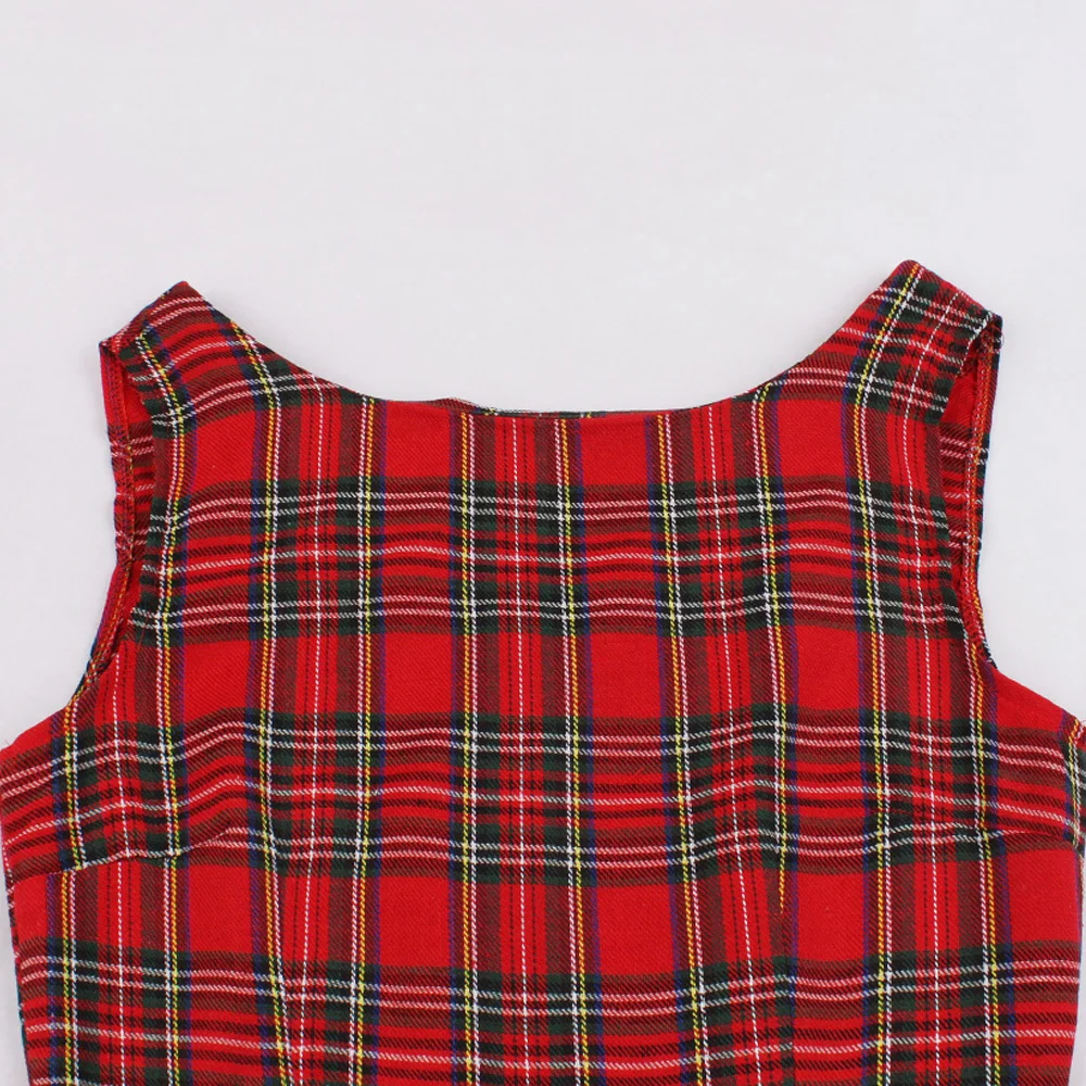 Женское винтажное платье с круглым вырезом и принтом в клетку вечернее поясом