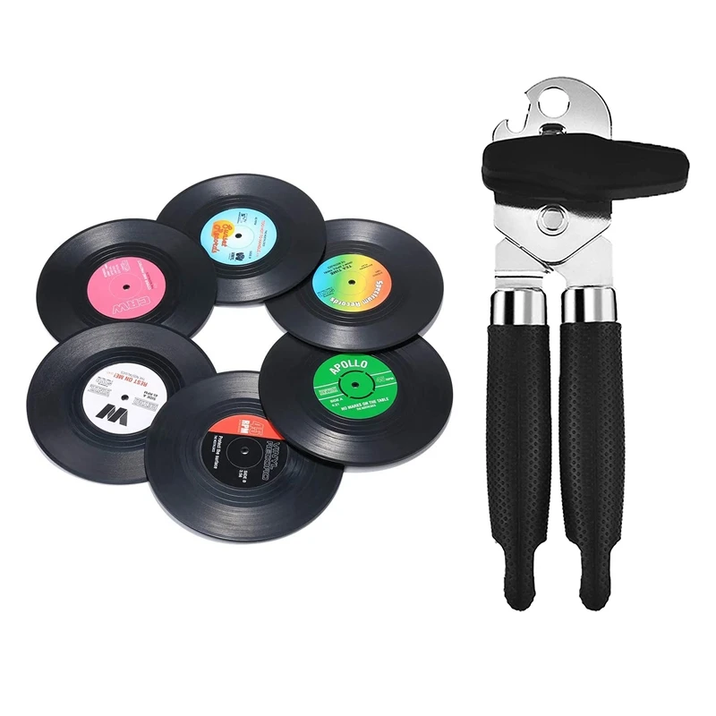 

1 Pcs Hand-Held Can Opener,Manual Can Opener & 6 Pcs Record Coasters For Drinks, Novelty Vinyl Disk Coasters