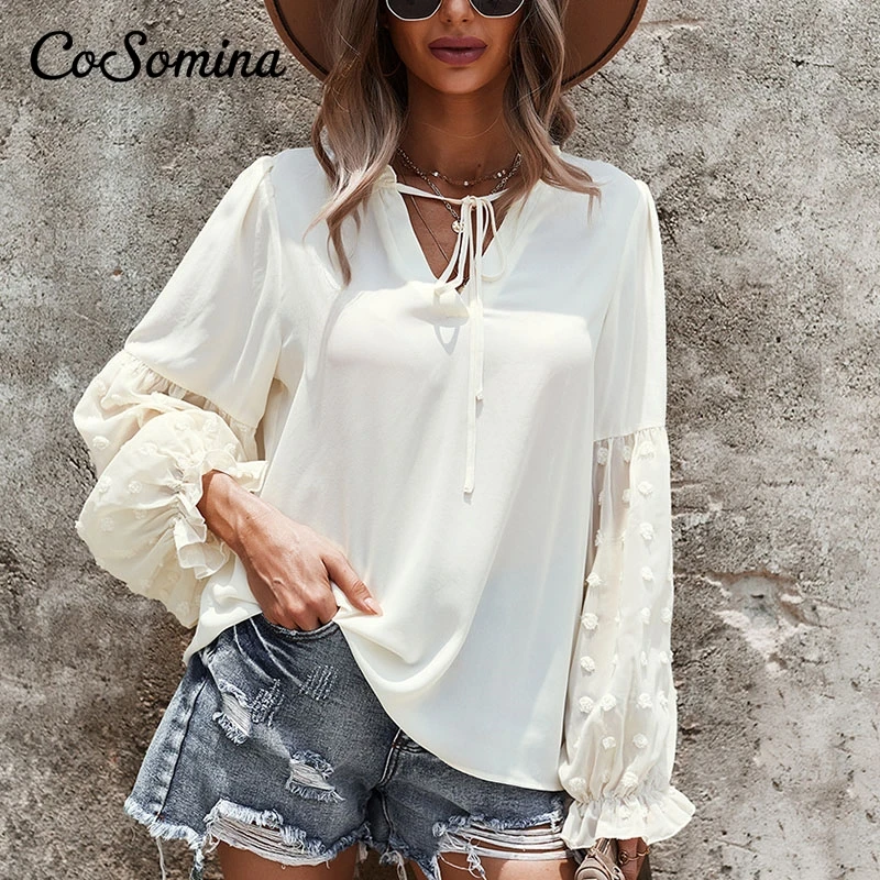 

CoSomina 2021 Autumn Women Blouse V Neck Peplum Blouse Female Petal Sleeve Loose Pullovers Tops Bandage Elegant Ladies Blusas
