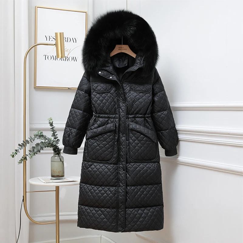 

Trendy Winter Women Large Natural Fur Collar Long Down Parka Thickness Warm 90% White Duck Down Coat Long Sleeve Snow Jacket