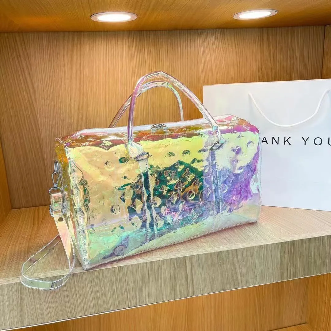 

Big Travel Bags Seaside Holiday Pretty Bag Luxury Brand Women Tote Transparent PVC Laser Handbags for Holiday Shiny Shoulder Bag