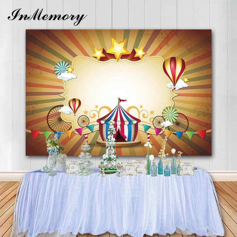 

InMemory Retro Circus Theme Birthday Backdrop Hot Air Balloon Child Birthday Party Photography Backgrounds Custom Photo Banner
