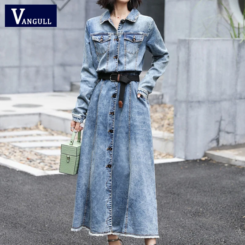 Vangull/Новое весеннее джинсовое платье длиной до щиколотки с отложным воротником