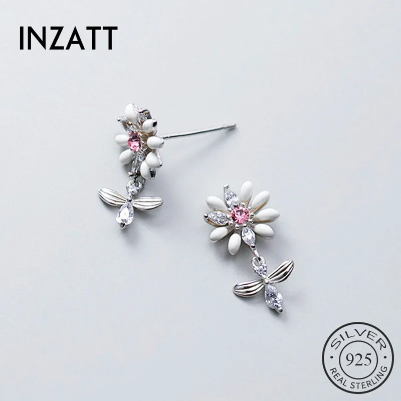 

INZATT Real 925 Sterling Silver Zircon Flower BEE Stud Earrings For Fashion Women Minimalist Fine Jewelry Cute Accessories GIFT