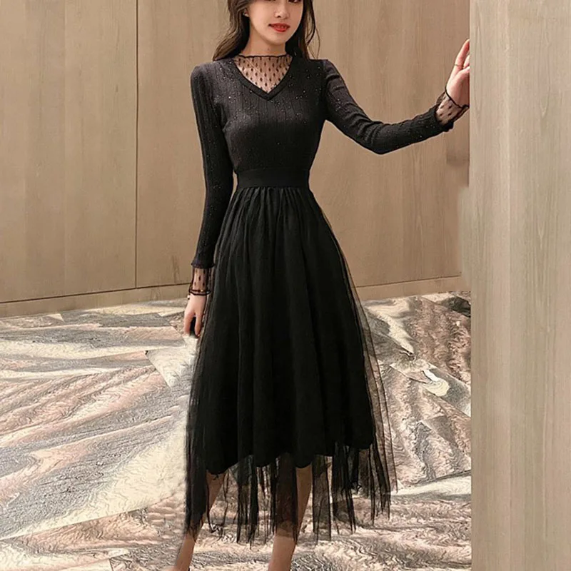 HAMALIEL размера плюс черное трикотажное лоскутное Сетчатое платье миди модное