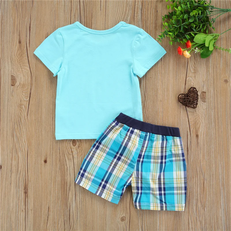 

2pcs Children Boys Cotton Clothes Sets,Baby Boys Coconut Tree Letter Printing O-Neck Short Sleeve Top+Beach/Plaid Shorts Set