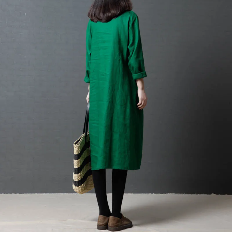 #0192 из хлопка и льна на весну осень платье с длинным рукавом v образным вырезом