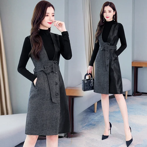 

Woolen Splicing Pu Leather Set Two Piece Set Top And Skirt Office Lady Ensemble Femme 2 Pieces Jupe Womens Matching Set