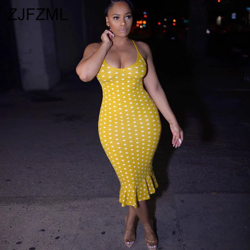 С узором в горошек с принтом сексуальное платье русалочкой 2021 Новый Спагетти