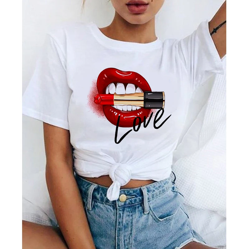 

Graphic tees tops Lipstick lipstick tshirts women funny t shirt O-neck T-shirt Vintage Ullzang Mujer_T-Shirt